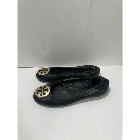 TORY BURCH Reva Ballet Flats Black Gold Medallion Logo Sz 7.5 See Pictures - Picture 4 of 7